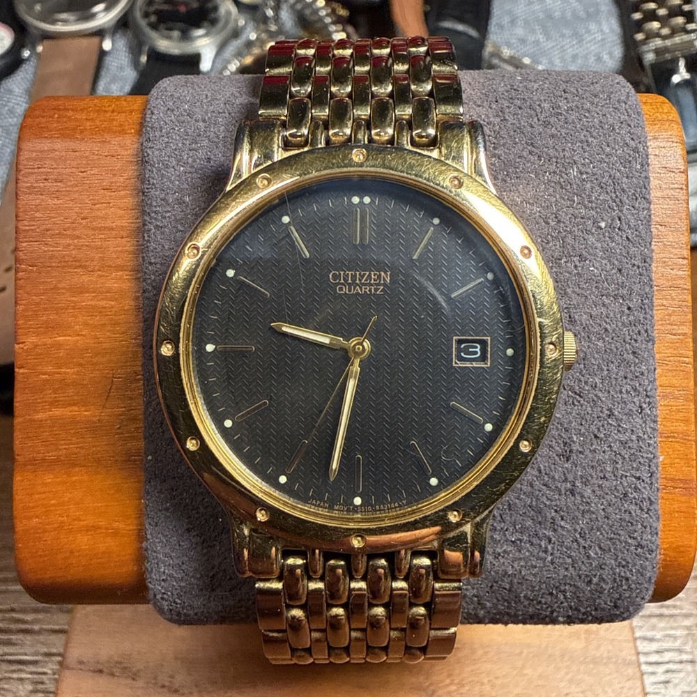 Vintage Citizen Watch Men Gold Tone Black Dial 34mm New Battery